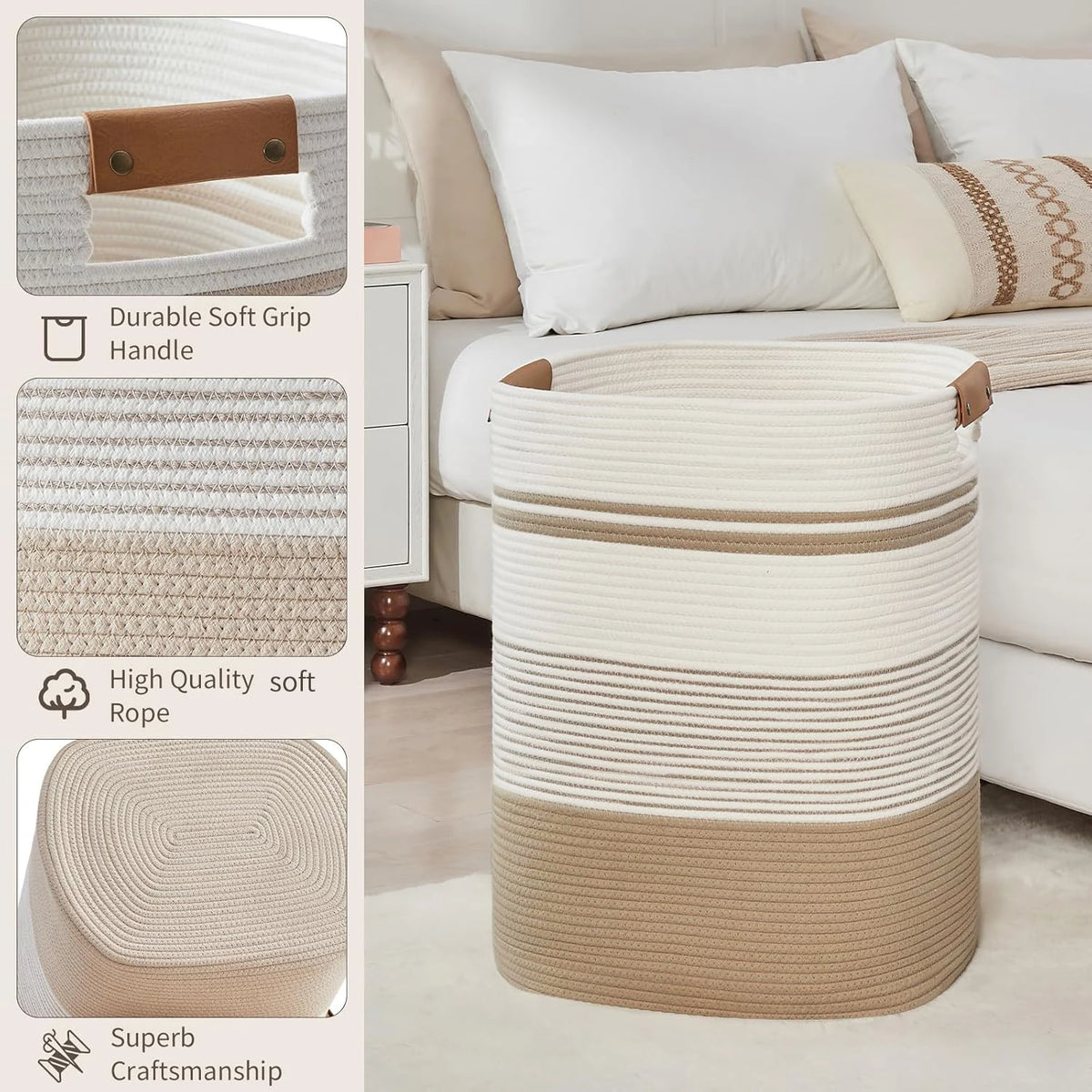 panier linge blanc rayures moderne poignées cuir tassel réutilisable polyester chambre salon