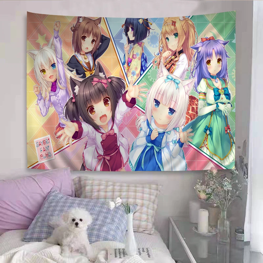 tapisserie graphique anime personnages dessins animés rose vert blanc illustration animaux mignons moderne