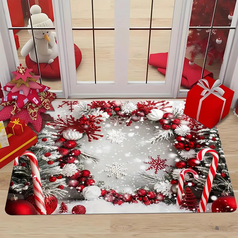 tapis noël rouge blanc gris boules flocons cannes branches salon chambre entrée festive décembre