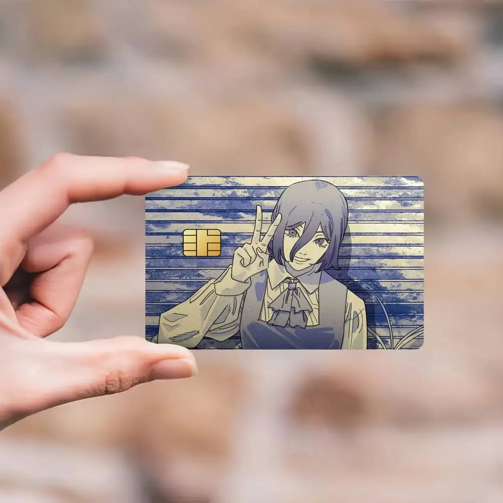 cartes bancaires étanches résistantes adhésives illustration anime personnages fond floral multicolore jaune brun vert