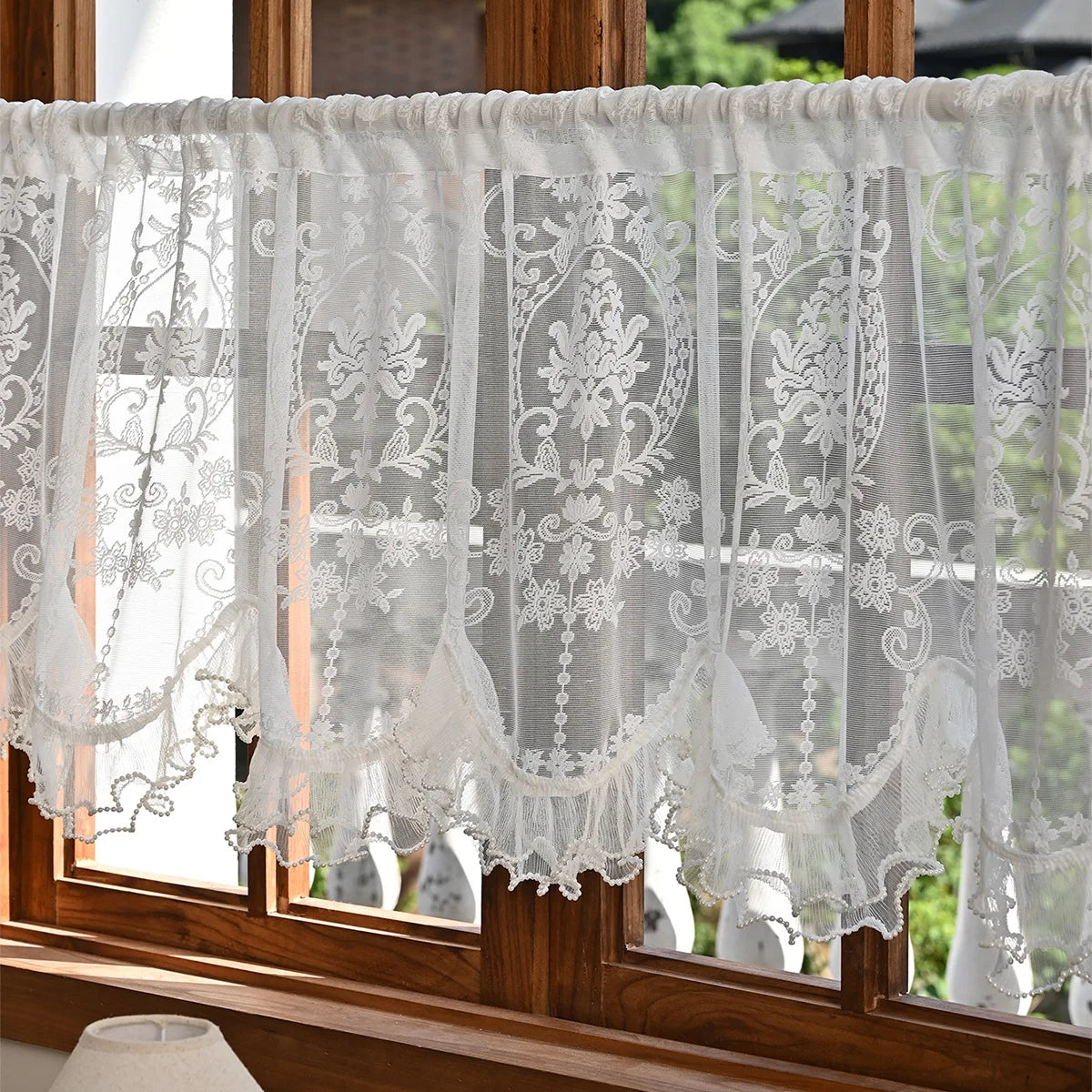 rideau blanc broderie florale dentelle translucide classique romantique cuisine chambre taille 100x55 cm