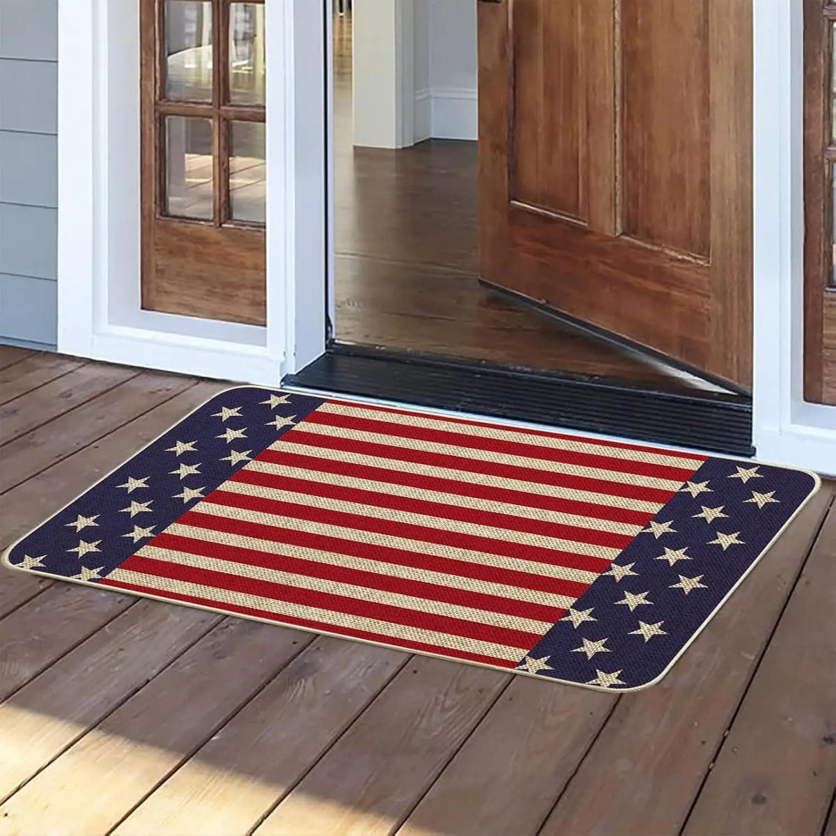 tapis sol antidérapant drapeau américain rayures bois étoiles dorées bleu marine rouge vintage