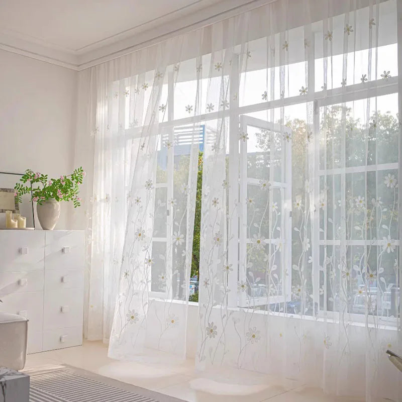 rideau transparent fleurs blanches moderne clips dorés polyester maison