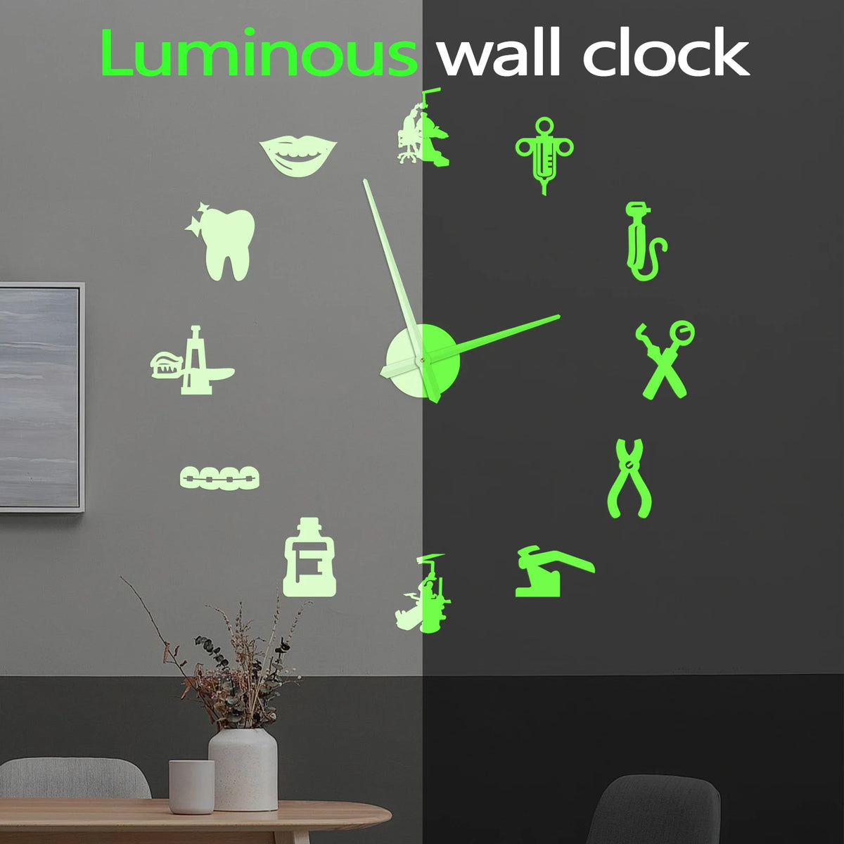horloge murale moderne argent noir doré lumineuse icônes médicales adhésive grande salle manger chambre