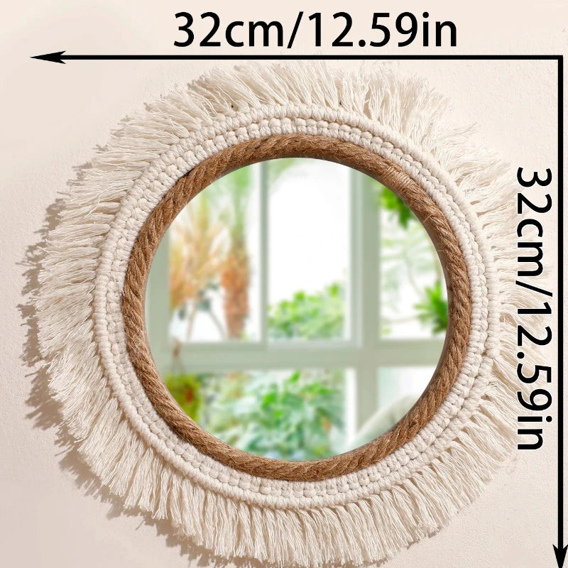 miroir mural bohème tressé franges blanches corde beige clair chambre salon decoration