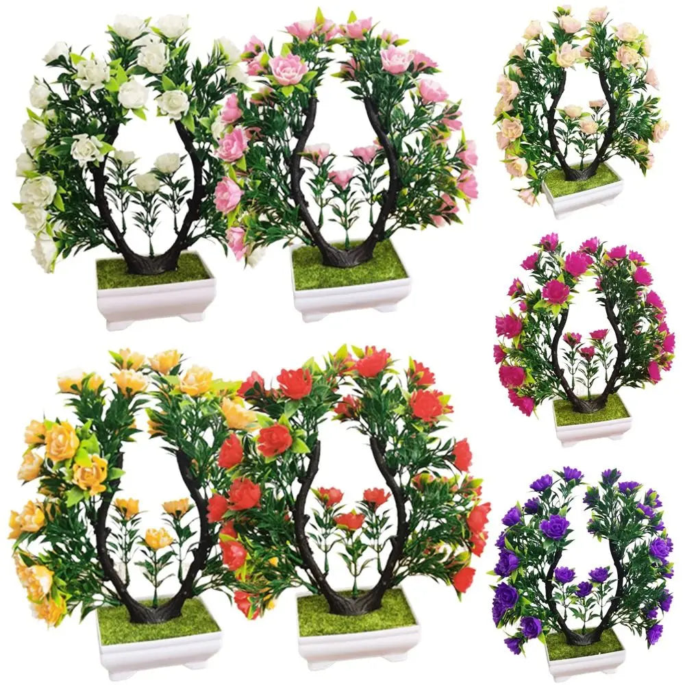plantes artificielles bonsaï violet rose blanc jaune rouge pot carré mousse verte décoration intérieure