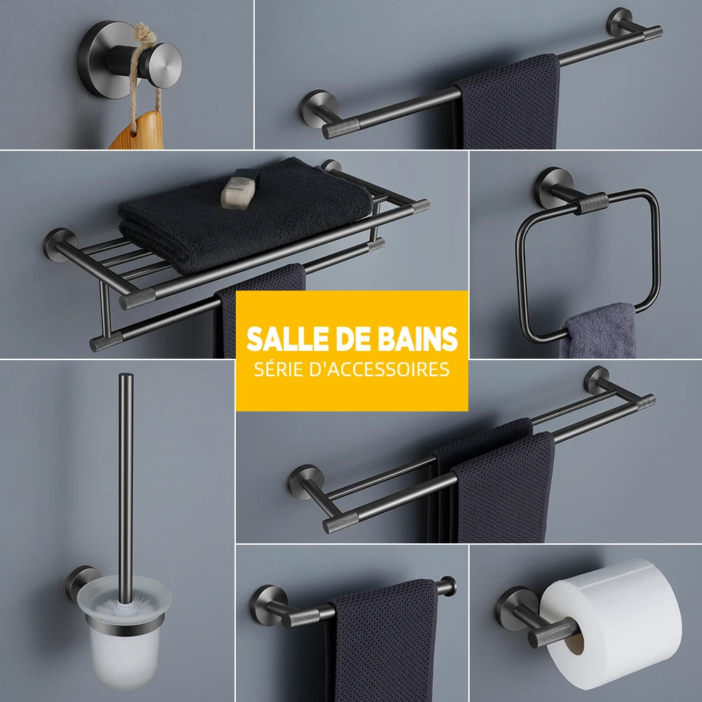 accessoires salle bains noir mat porte serviette porte rouleau papier toilette porte savon moderne