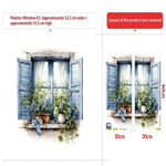 autocollant mural vintage paysage fenêtre volets bleus plantes vertes guirlande fleurs chat niche naturel