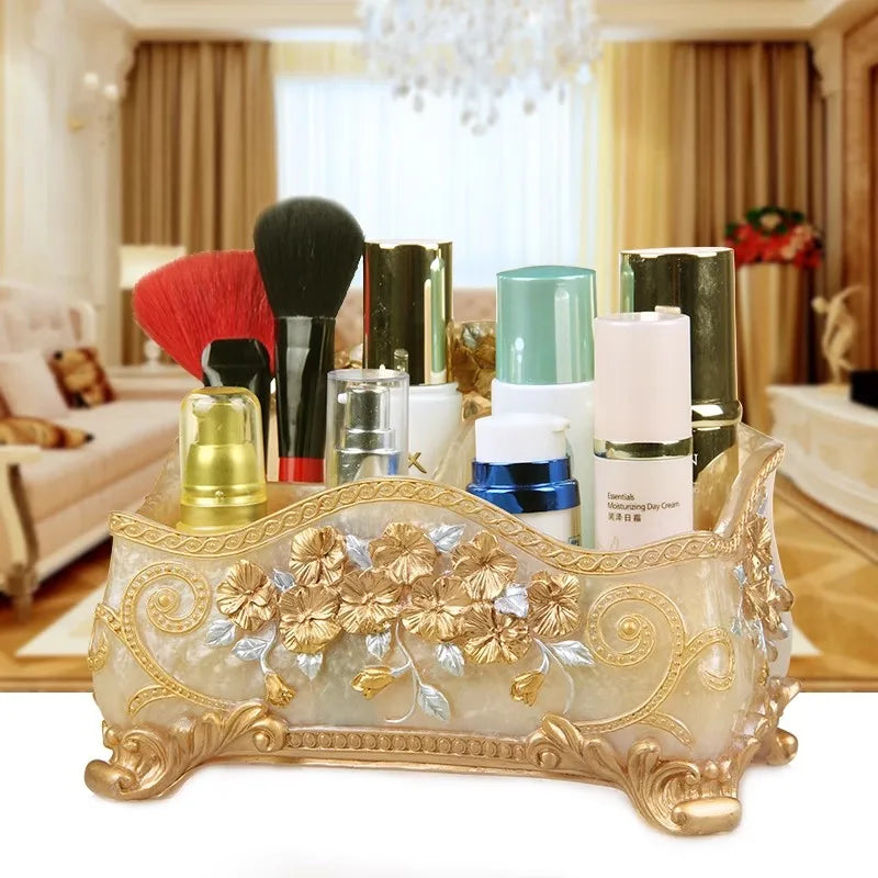 organisateur maquillage réutilisable résine fleurée classique beige doré rose bleu