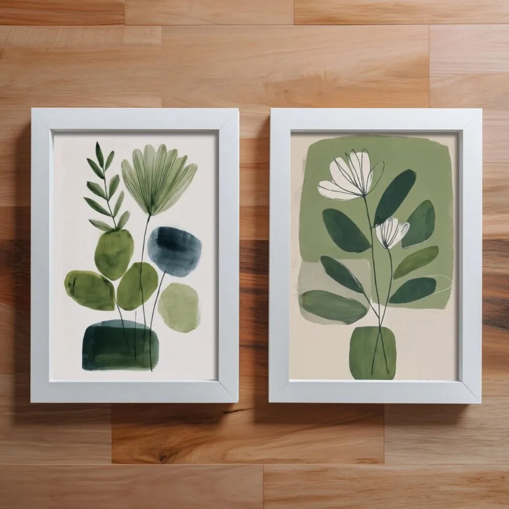 affiches abstraites modernes feuilles stylisées vertes blanches bleues sans cadre toile imprimée minimaliste set