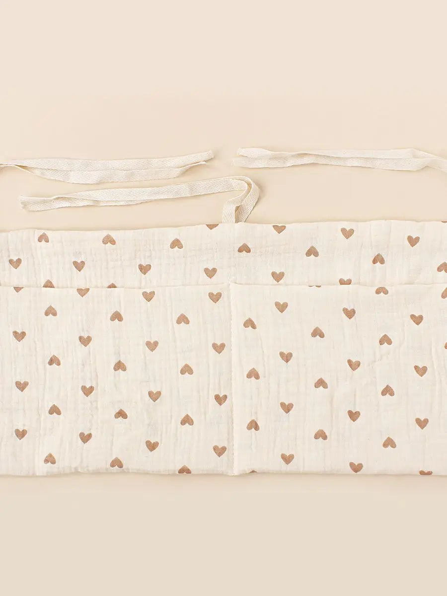 sac rangement lit bébé coton coeurs dorés gris simple double poche fixation ruban