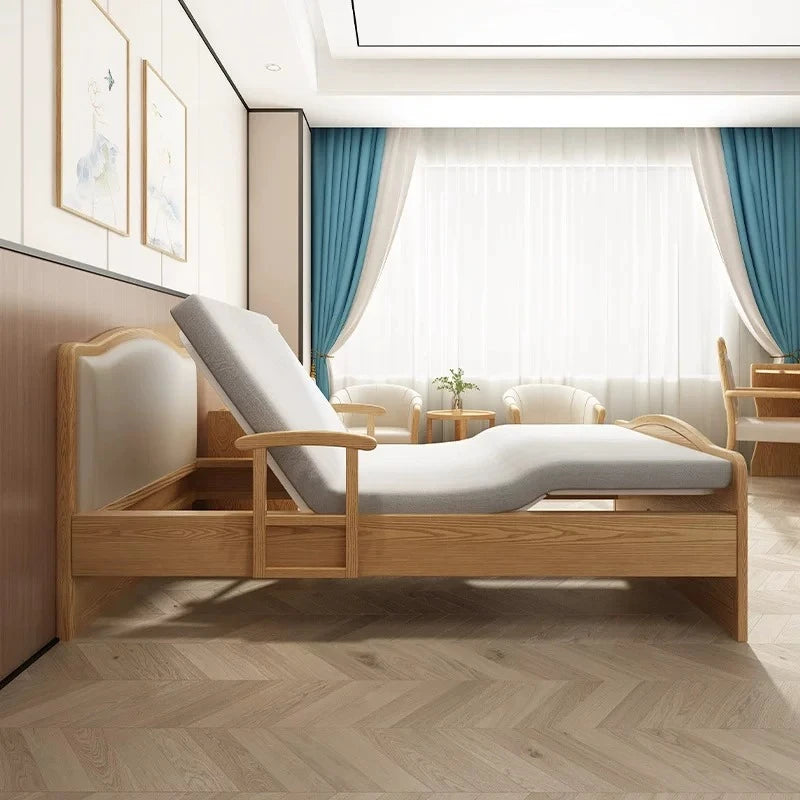 lit personnes âgées moderne bois massif tissu beige matelas sécurité poignées