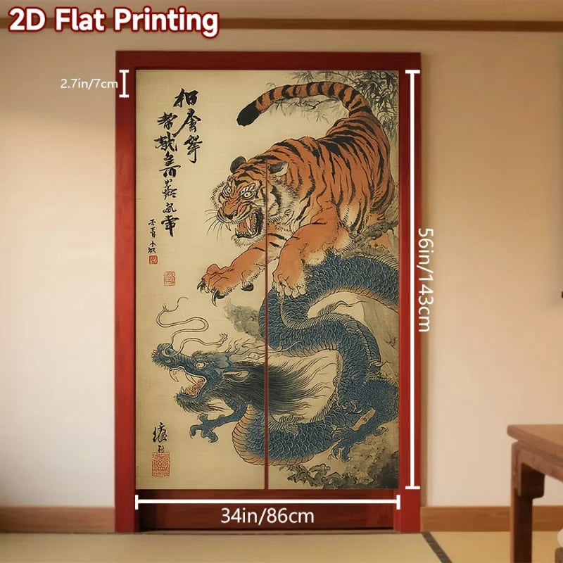 rideau japonais traditionnel noren motif tigre dragon calligraphie clips magnétiques orange noir cuisine maison