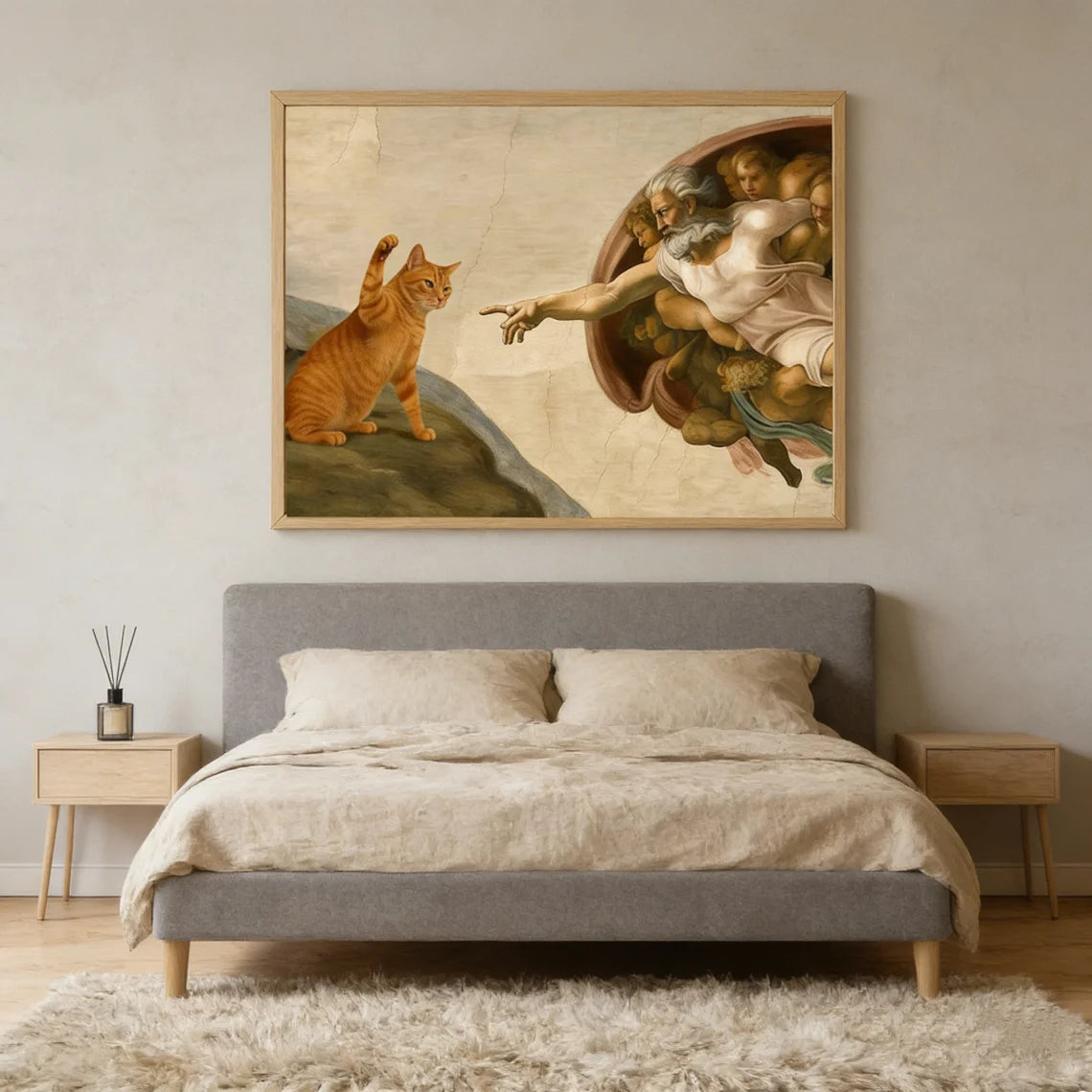 tableau encadré creation adam ange chat decor mural classique religieux beige blanc marronclair vert