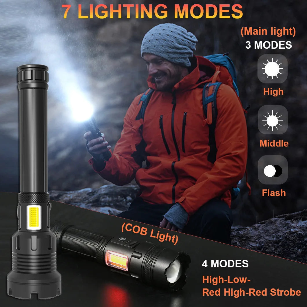 lampe torche rechargeable 15000mAh LED 2300lm zoomable USB moderne résistante autodéfense banque alimentation