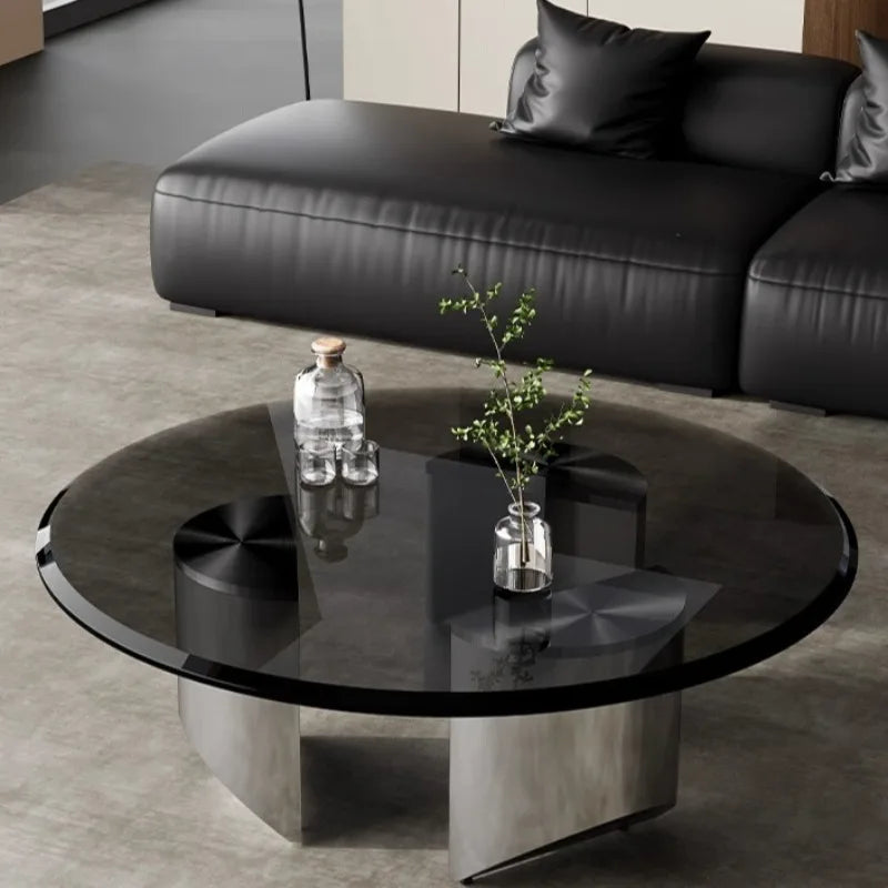 table basse moderne minimaliste métal verre lisse brillant noir argenté salon maison
