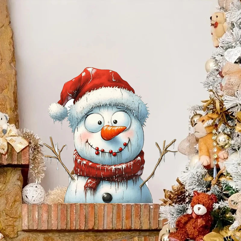 autocollant mural bonhomme neige chapeau écharpe sourire branches cartoon mignon adhésif blanc rouge bleu
