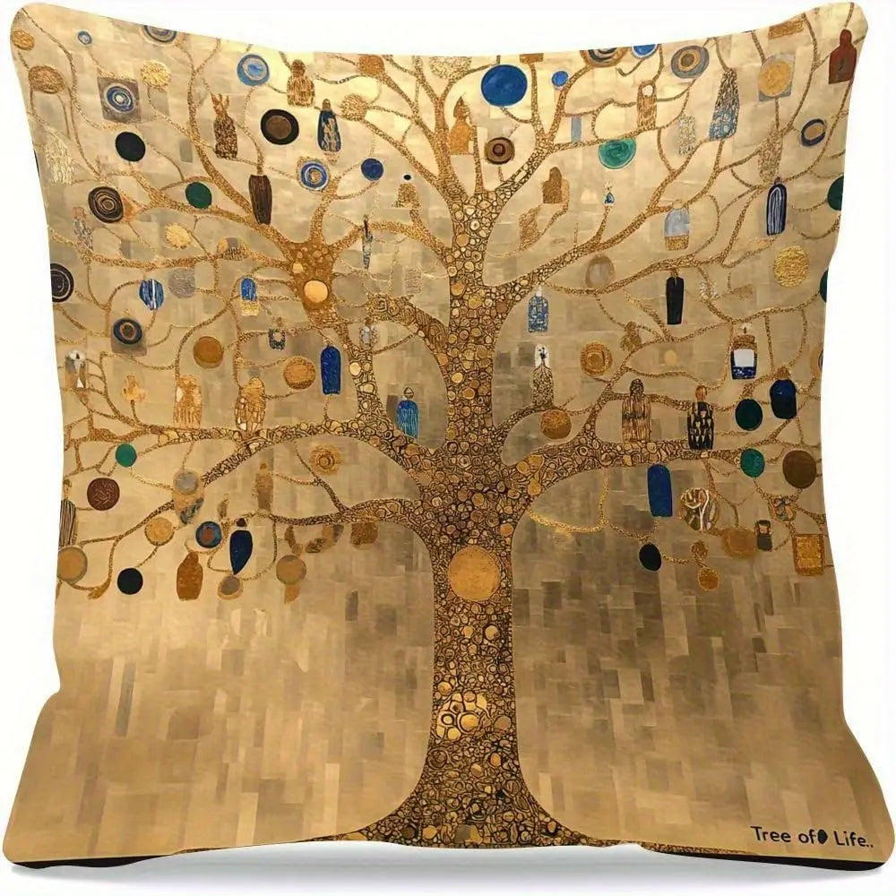 housse coussin imprimé arbre doré art nouveau bohème or beige bleu opacité polyester coton
