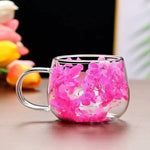 tasse verre double paroi fleurs séchées transparente poignée cuillère dorée moderne