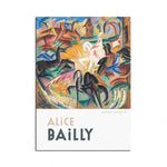 Cette image présente une peinture abstraite colorée intitulée "Chevaux Ol" de l'artiste Alice Bailly, avec des formes et des motifs organiques évoquant des chevaux.