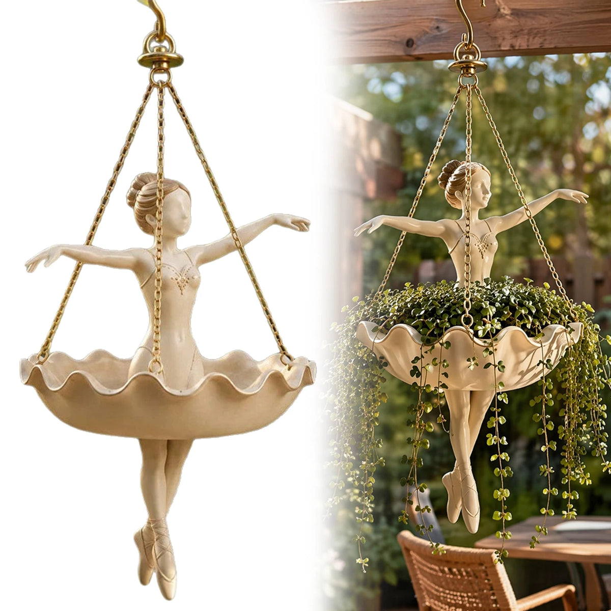 statue danseuse suspendue pot fleur robe volants chaussures pointe patio jardin romantique classique dorée