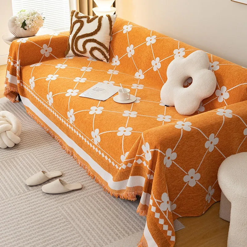 couverture canapé orange motif géométrique moderne adhésif lavable machine 180x230cm