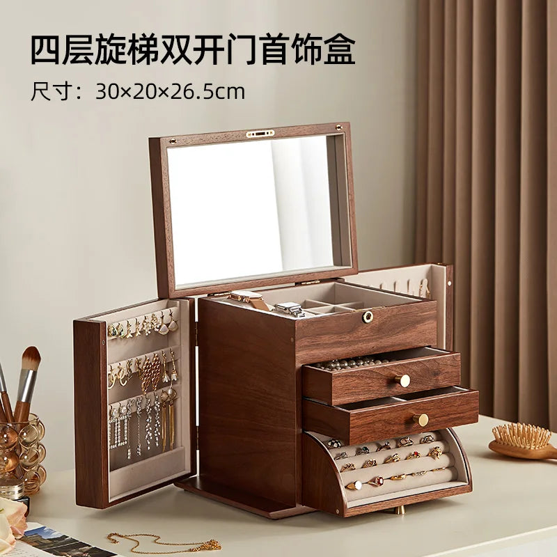 coffret bijoux bois marron tiroirs poignées dorées rangement moderne minimaliste