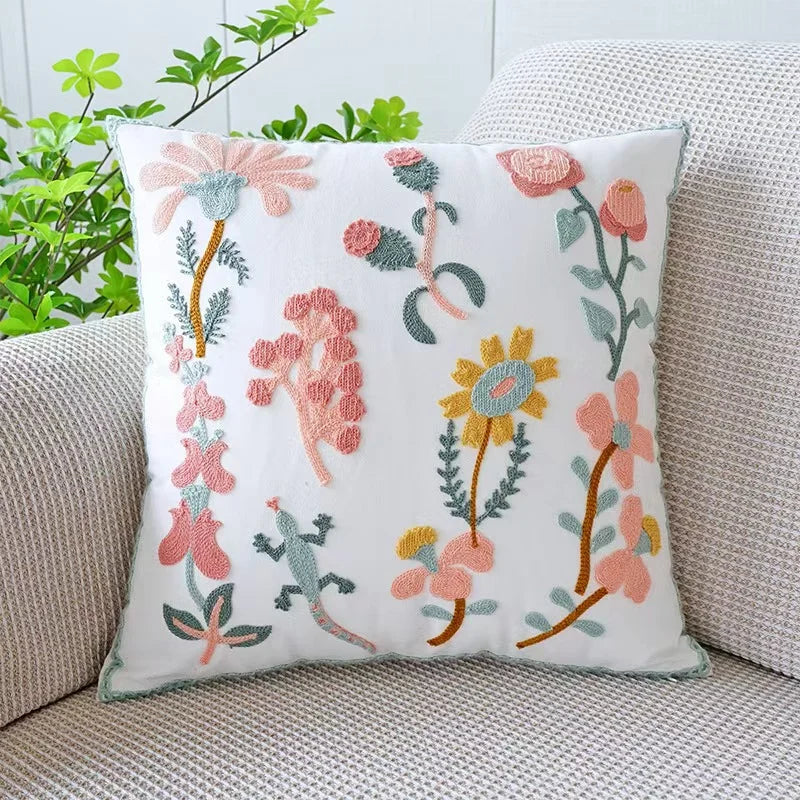Coussin Carré Coréen Anti Décubitus Coton Polyester Tricot Fleur Brodé Amovible Lavable Moderne