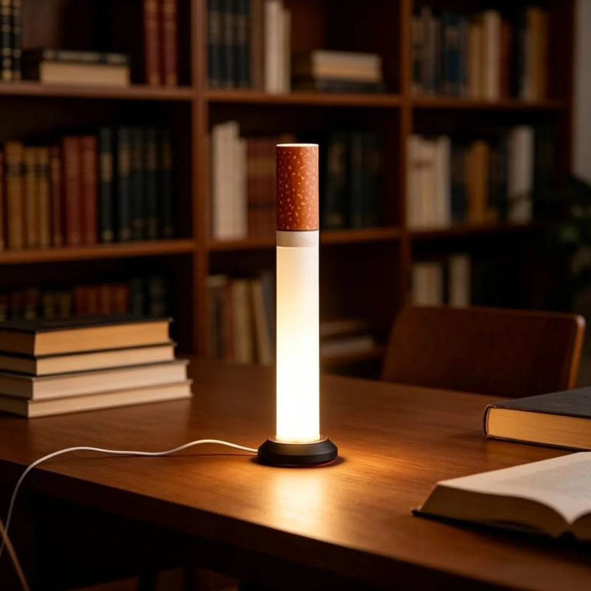lampe table marron clair texture cuir moderne nuit ambiance LED chauffante câble électrique