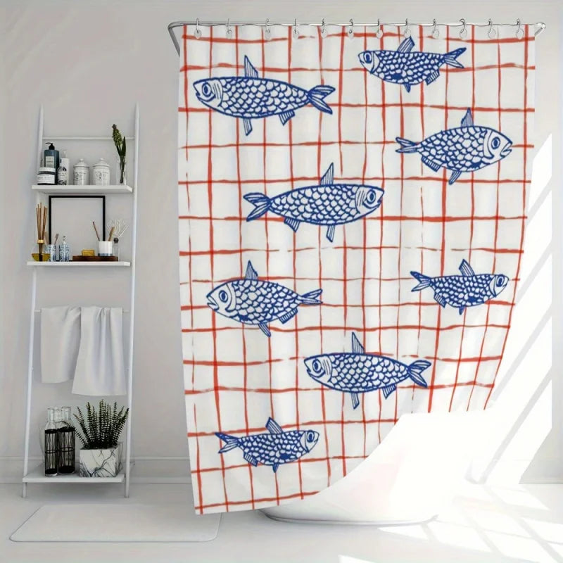 rideau douche poissons bleus moderne fond blanc lignes rouges carrés opaques anneaux métalliques