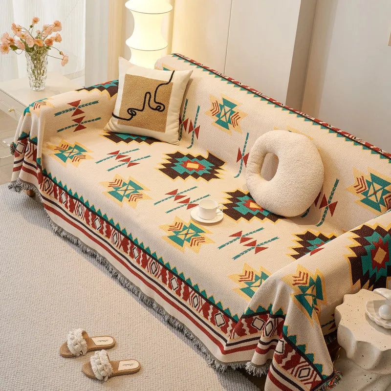 couverture canapé ethnique beige motifs tribaux franges automne hiver boho chic polyestère machine