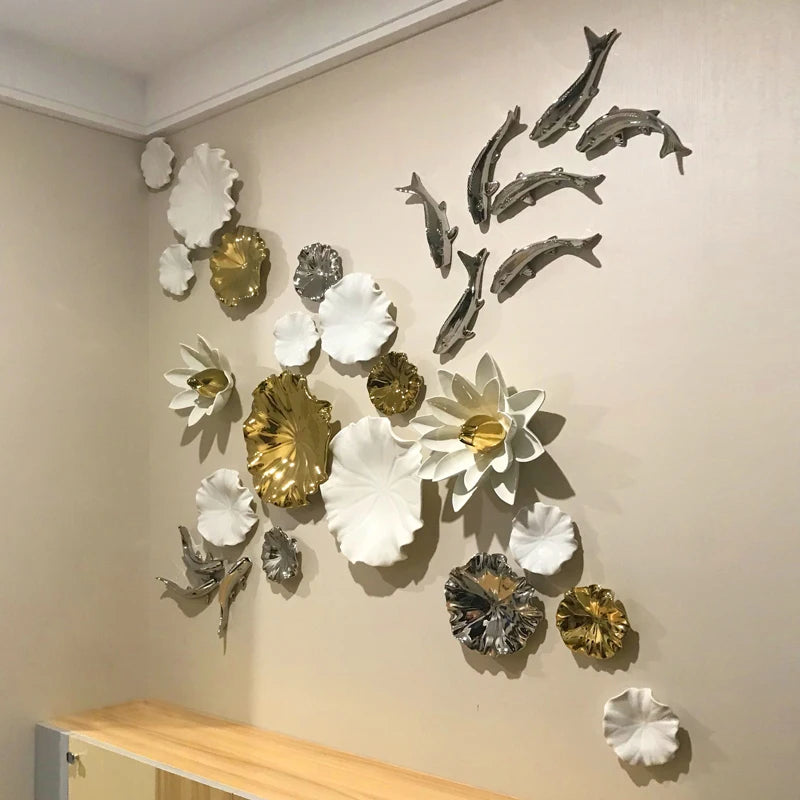 décoration murale céramique fleurs branches dorées argentées blanc contemporain objet déco intérieur