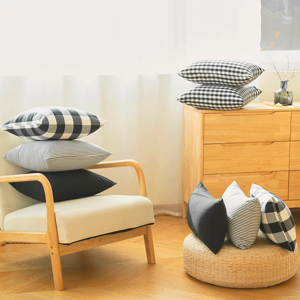 housse coussin noir blanc carreaux rayures moderne 30x50cm 45x45cm fixe décoration intérieur