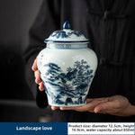 pot thé céramique blanc bleu paysage chinois couvercle fleurs montagnes arbre traditionnel