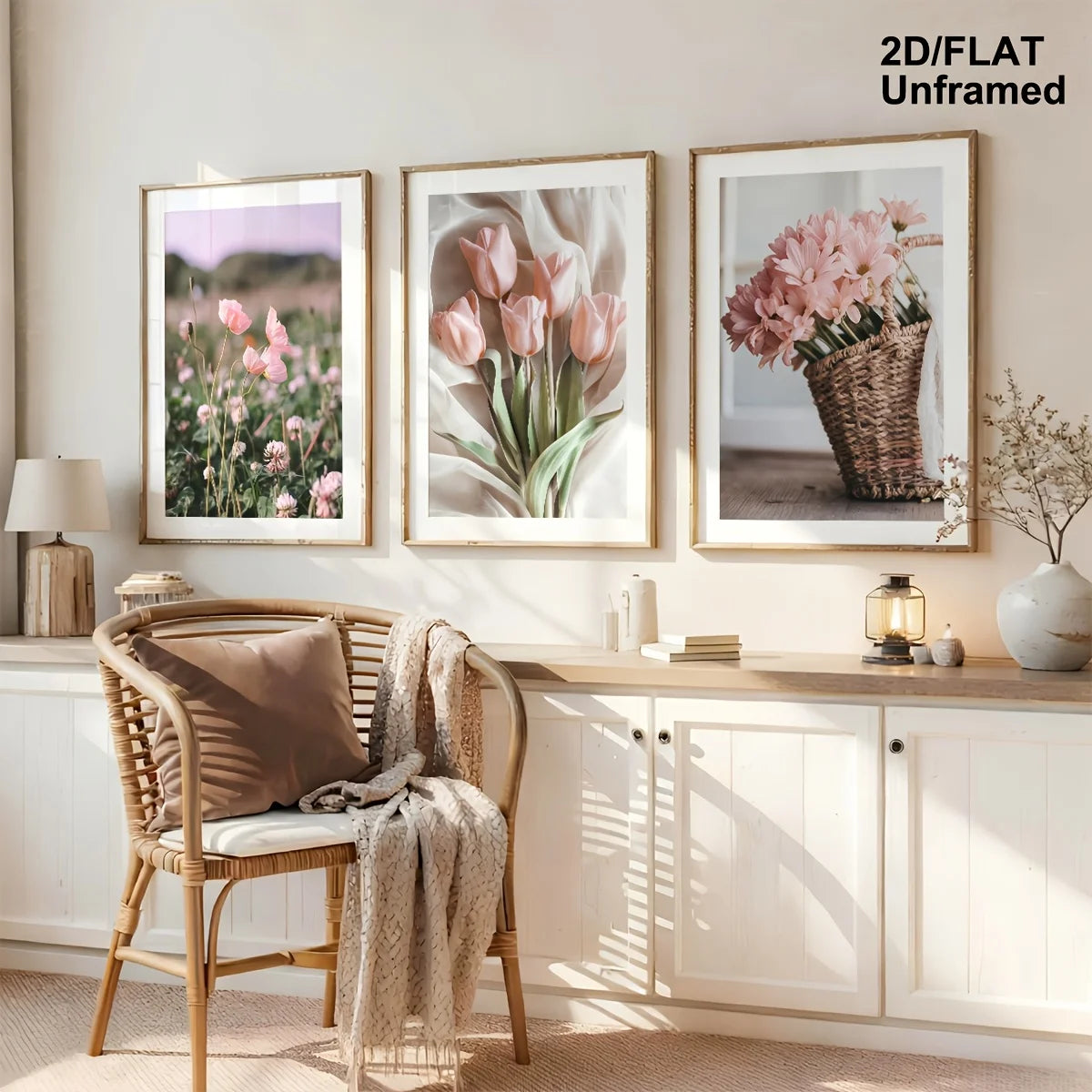affiches imprimées tulipes roses fleurs sauvages minimaliste naturelle cadre boisintérieur decoration printemps floral