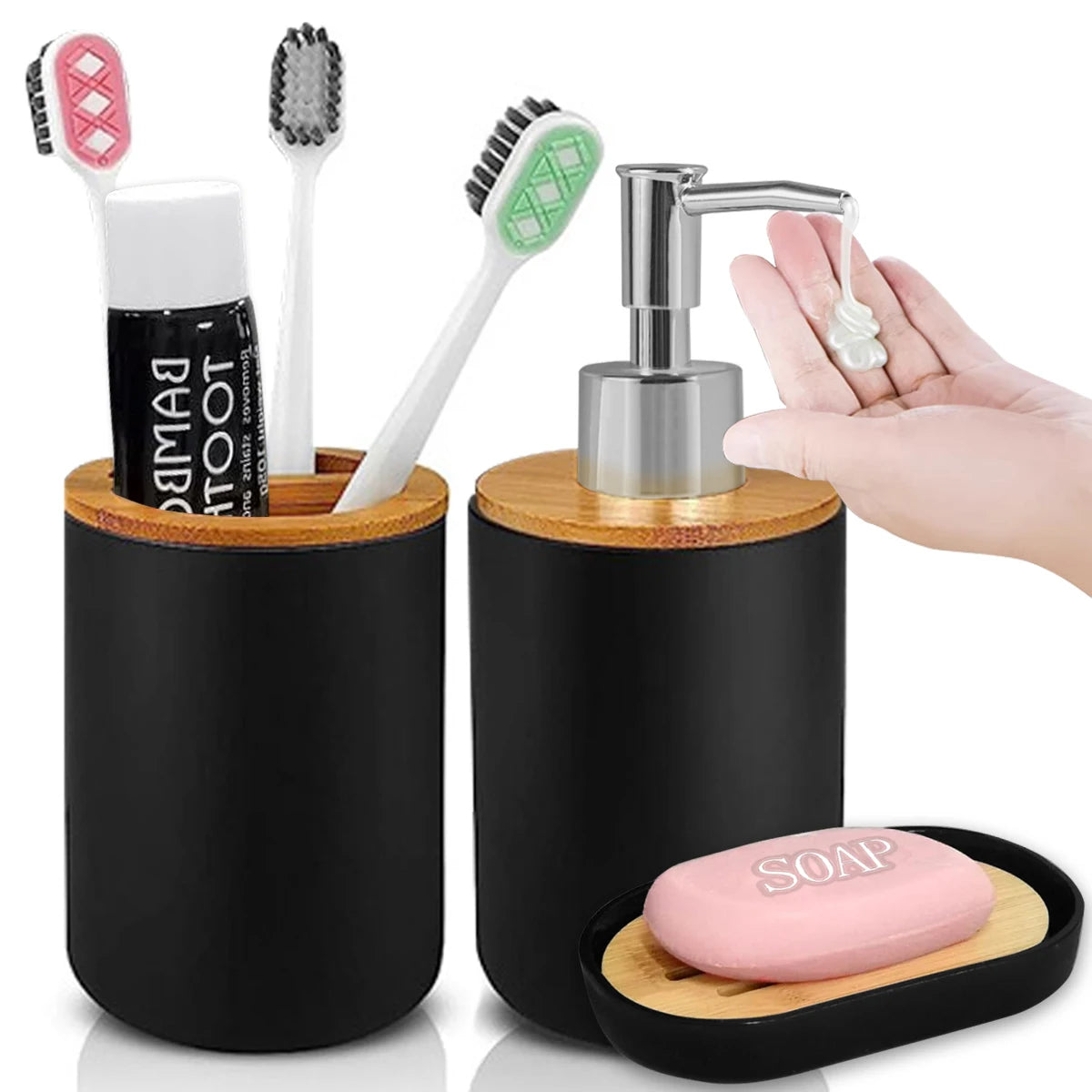 ensemble d'accessoires salle bain distributeur savon porte brosses dents porte savon noir moderne minimaliste
