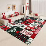 Un tapis de sol coloré et moderne, avec des motifs de Noël variés, créant une ambiance festive et chaleureuse dans cette pièce.