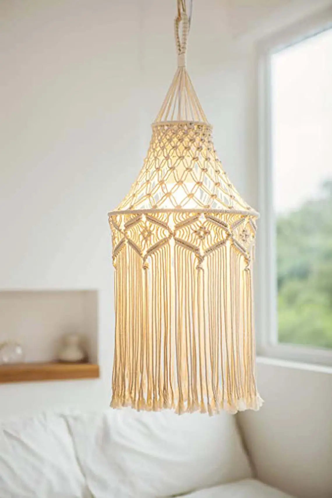 lampe suspendue macramé franges boho deco salon coton beige clair artisanal hand wash machine