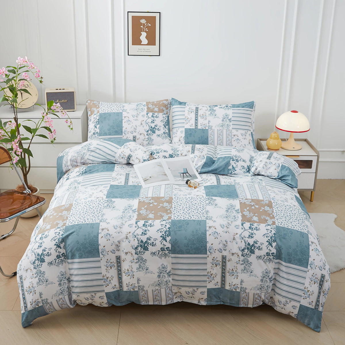 ensemble literie bleu patchwork moderne oreillers taies d'oreiller drap plat polyester brossé impression 3d