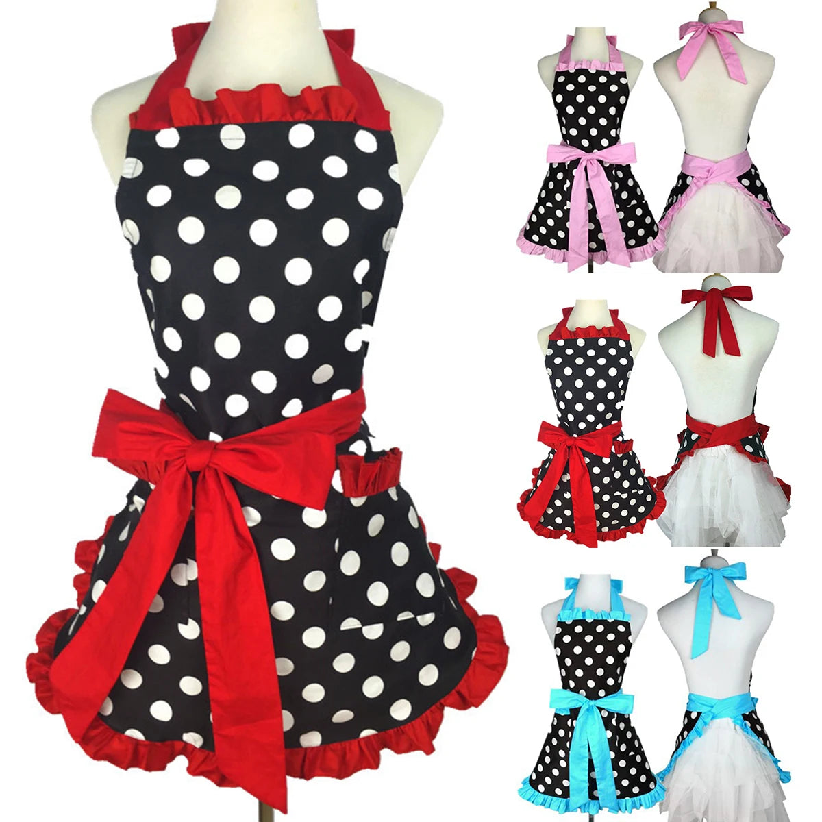 tablier rétro vintage pois noir blanc femme poches volants réglables couleurs multiples