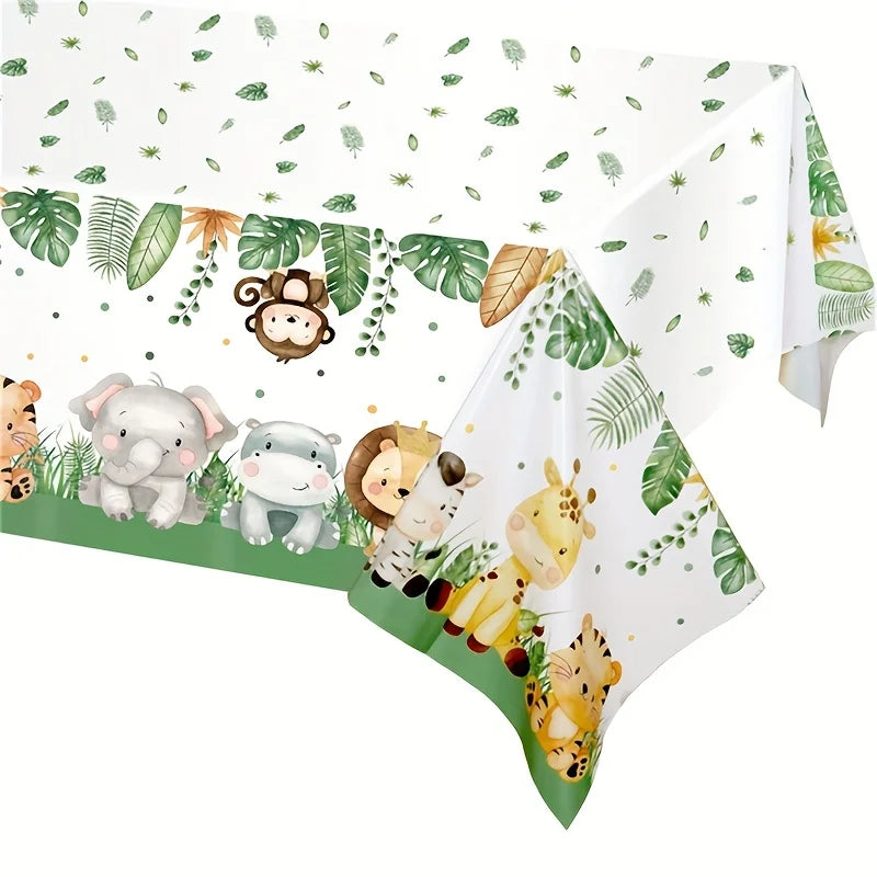 nappe rectangulaire animaux jungle décoration anniversaire éléphant girafe zèbre lion feuilles tropicales modernereuse maison
