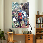 tapisserie dessin animé personnages drapeau américain costumes urbains bleu blanc rouge noir gris polyester