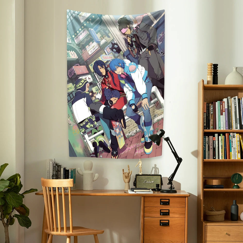 tapisserie dessin animé personnages drapeau américain costumes urbains bleu blanc rouge noir gris polyester