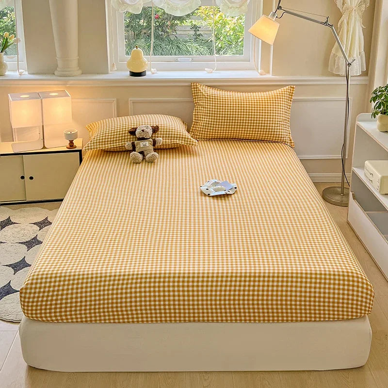 housse lit carreaux bleu clair rose marron jaune polyester 300fil 30tissus moderne adultes