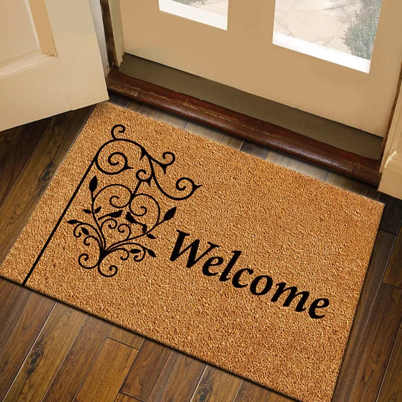 tapis d'entrée imperméable polyester antidérapant motif floral moderne bienvenue marronclair résistant