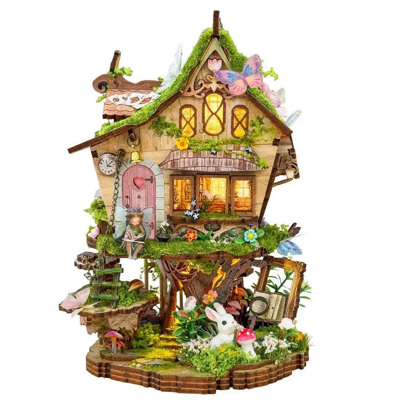 maisonnette décorative illuminée kit monter figurines elfe lapin éléments floraux conte fée