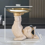 décoration moderne sculpture chien lunettes plateau ornement résine noir beige crème humoristique