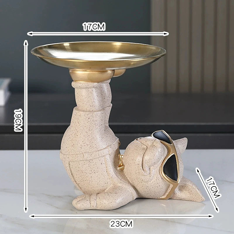 décoration moderne sculpture chien lunettes plateau ornement résine noir beige crème humoristique