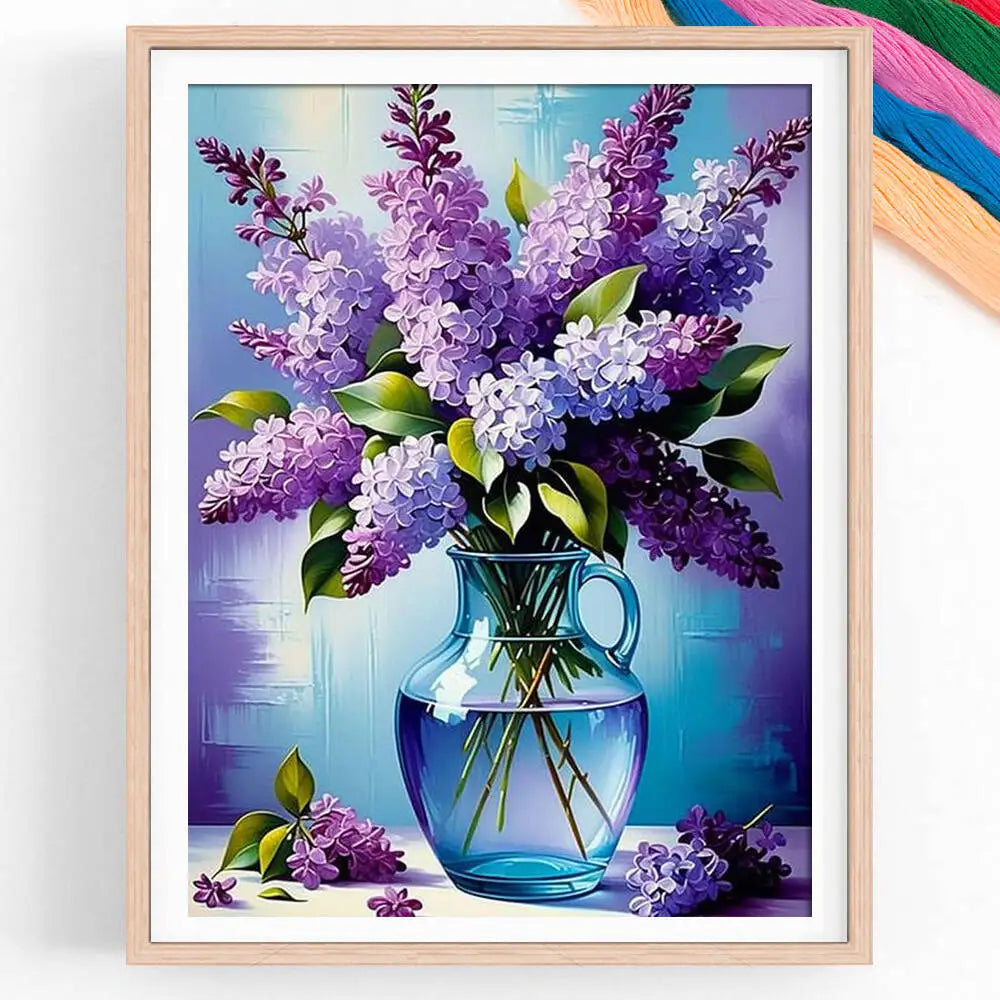 kit broderie diamant bouquet lilas vase verre bleu floral réalistes instructions violet lavender bleu