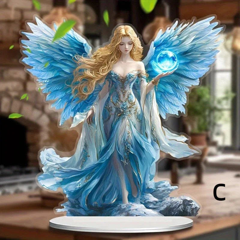 statue décorative fée papillon bleu blanc doré plumes vêtements brodés motifs floraux fantaisie base